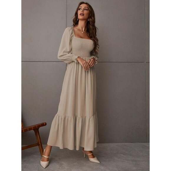 Women's Casual Maxi Dress Square Neck Long Sleeve Ruffle Shirred Flowing - Picture 4 of 7